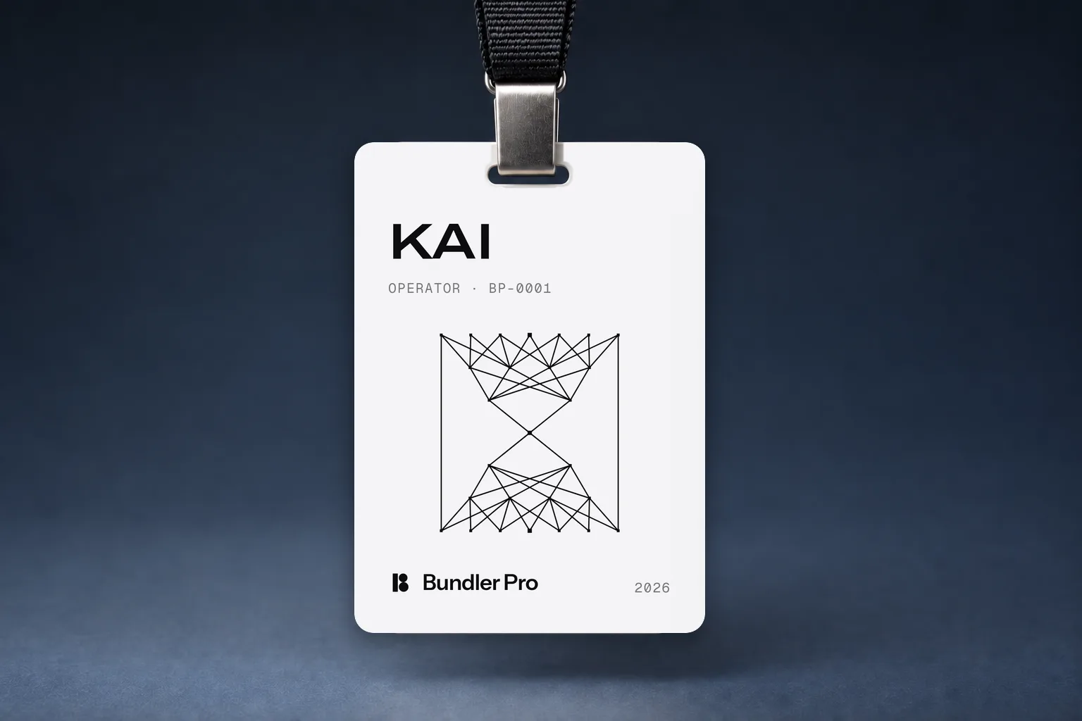 A Bundler Pro team badge for Kai hanging from a black lanyard