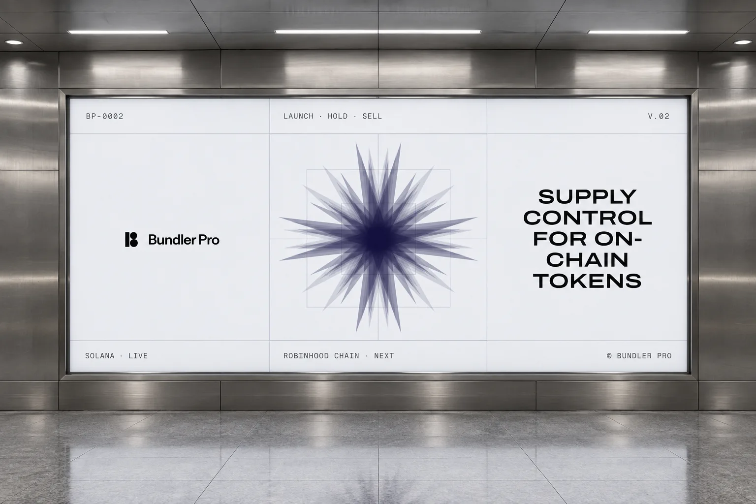 The Bundler Pro billboard set into a brushed steel wall